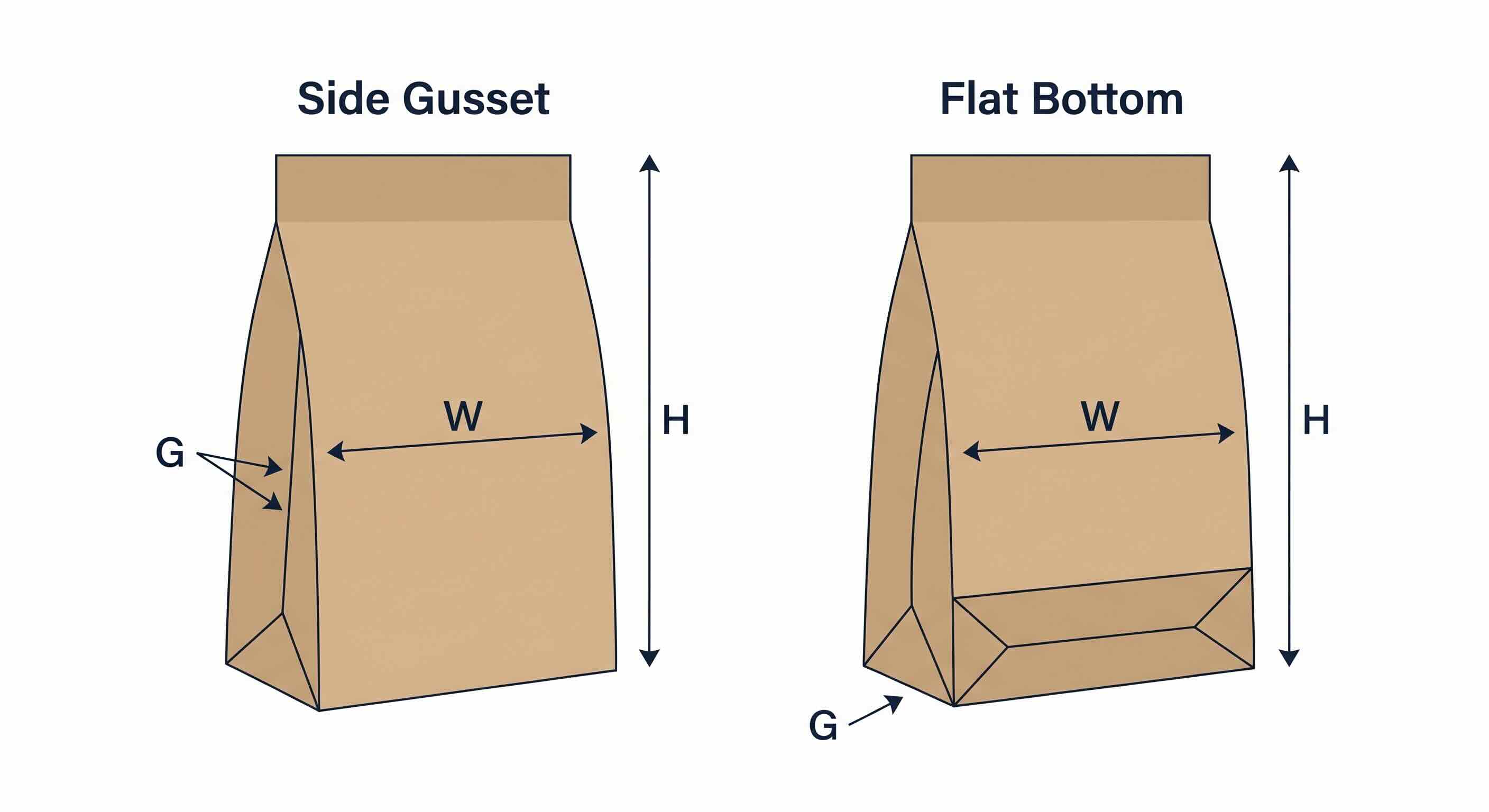 Side gusset vs flat bottom pouch dimension comparison showing how gusset depth creates internal volume differently in each coffee and food packaging format
