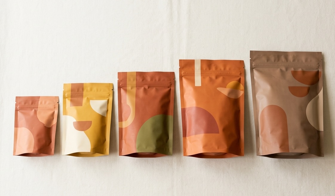 Flat bottom snack pouches in graduated retail sizes from single-serve to family-pack