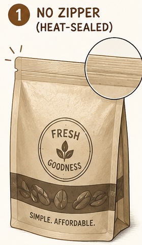 Flat bottom pouch with no zipper, heat-sealed top closure