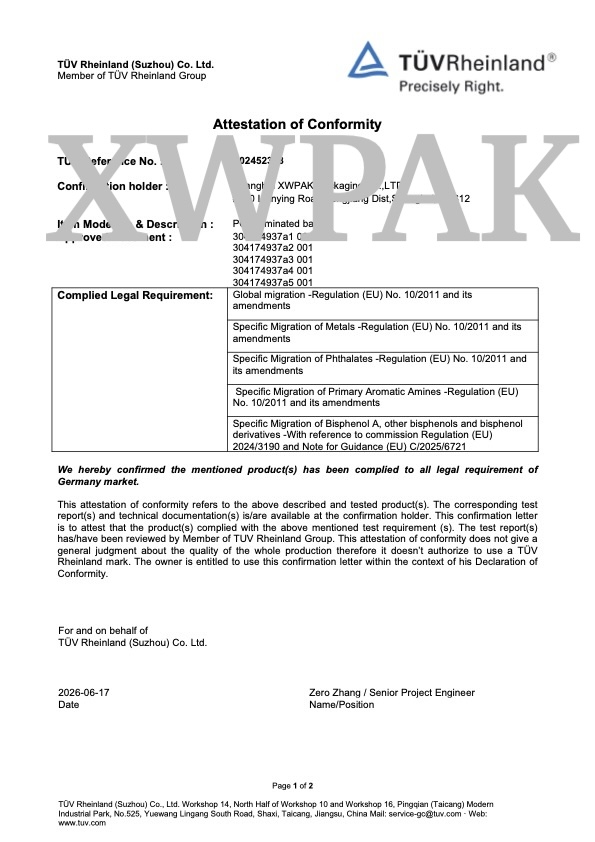 TUV Rheinland Attestation of Conformity P02452378 XWPAK PCR laminated bags EU food contact compliance Page 1