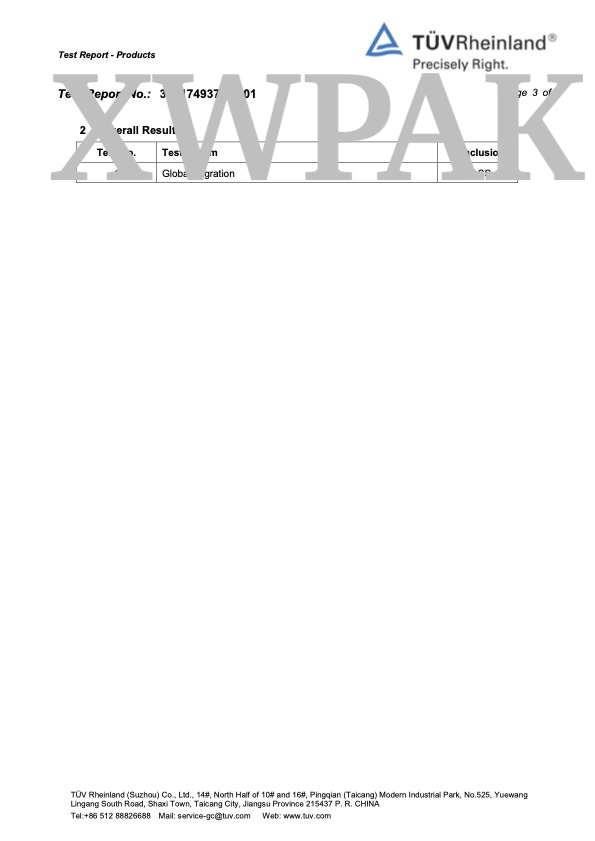TUV Rheinland Global Migration Test overall result PASS XWPAK PCR laminated bag Page 3