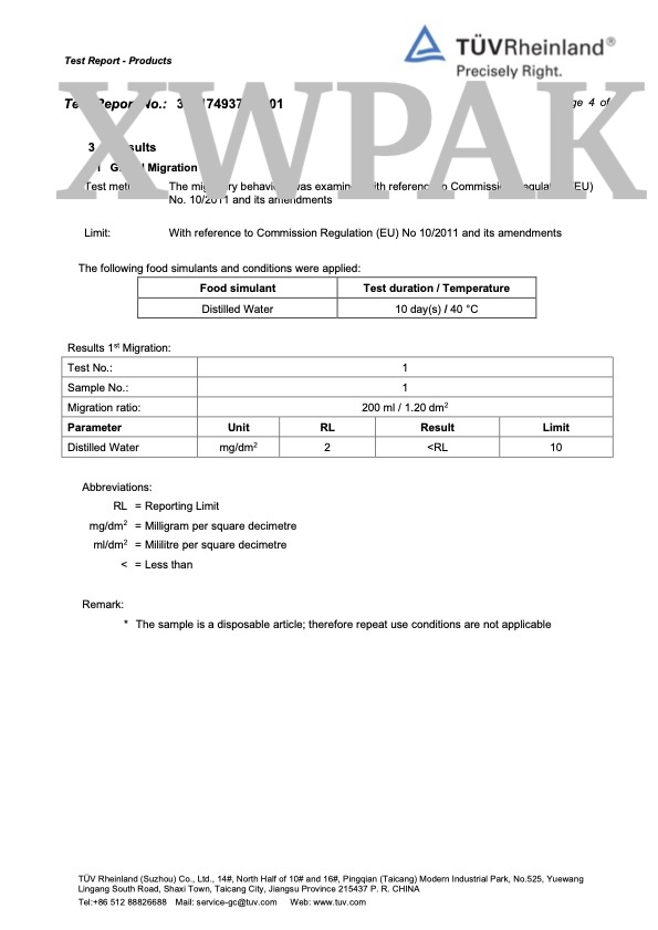 TUV Rheinland Global Migration Test detailed results below 2 mg/dm2 XWPAK distilled water Page 4