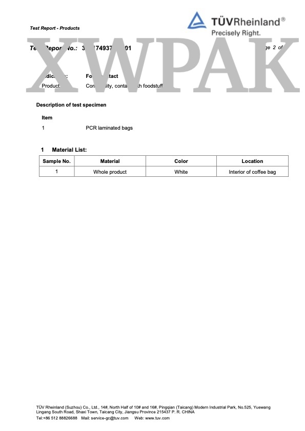 TUV Rheinland Bisphenols Test specimen food contact XWPAK PCR laminated bag Page 2