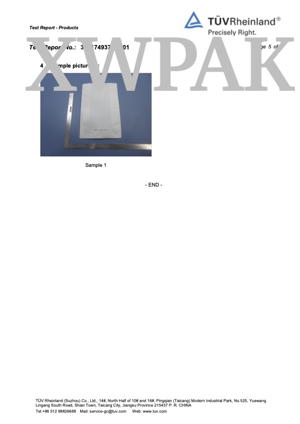 TUV Rheinland Bisphenols Test sample photo XWPAK PCR laminated bag Page 5