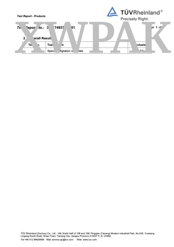 TUV Rheinland Heavy Metals Test overall result PASS XWPAK PCR laminated bag Page 3