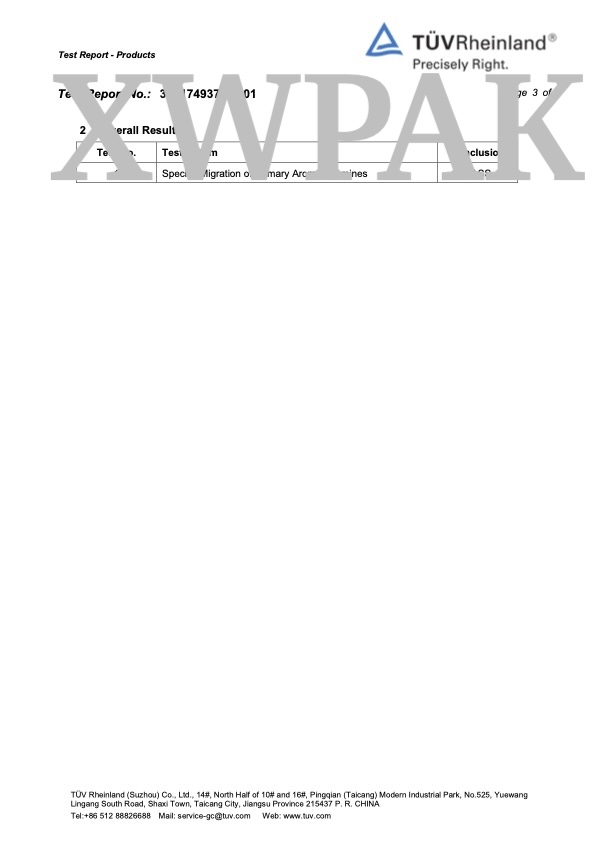 TUV Rheinland Primary Aromatic Amines overall result PASS XWPAK PCR bag Page 3
