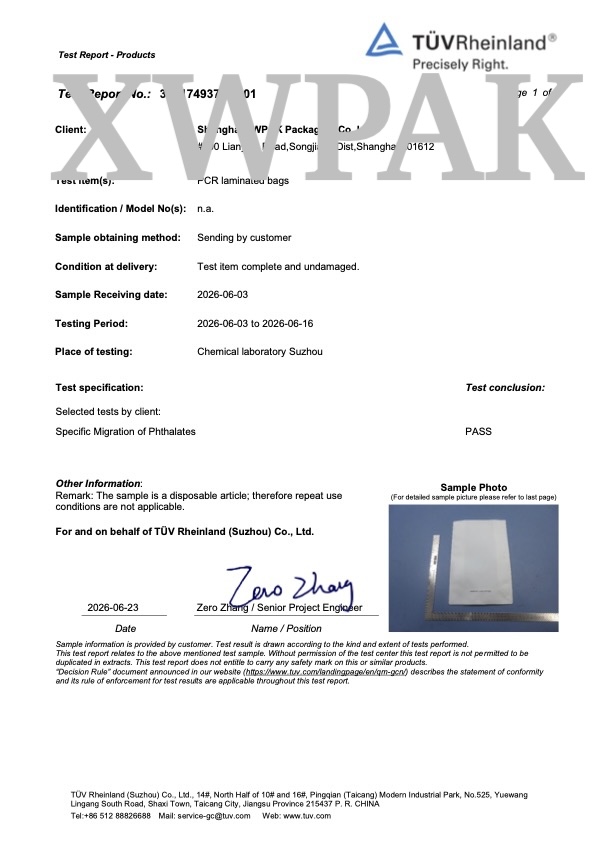TUV Rheinland Specific Migration of Phthalates Test Report 304174937a3 XWPAK PCR laminated bags Page 1